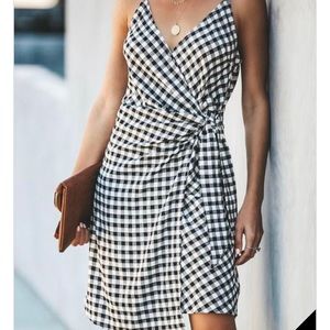 Black and White Checkered Wrap Midi Dress